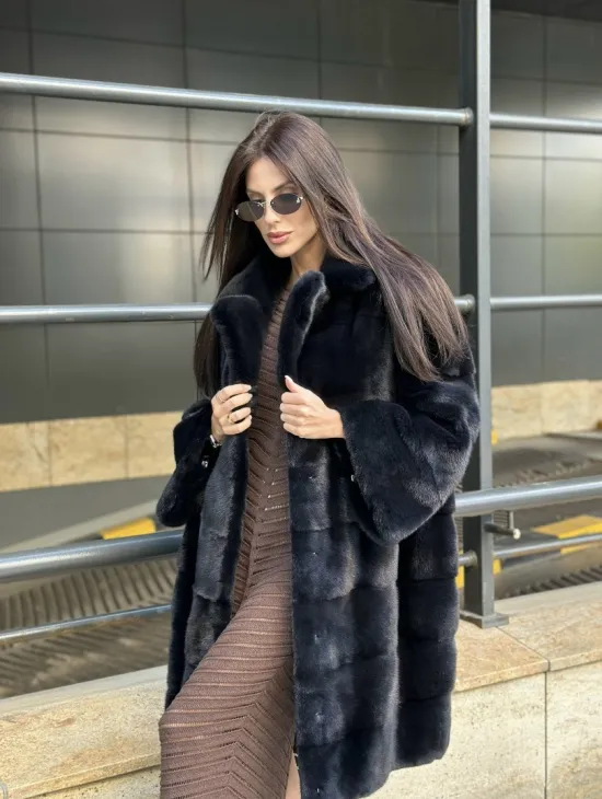 Шуба норковая английский воротник - цвет инфинити - фото 5