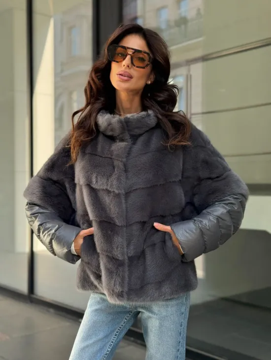 Норковый пуховик/жилет 2в1 - светлый графит - фото 7