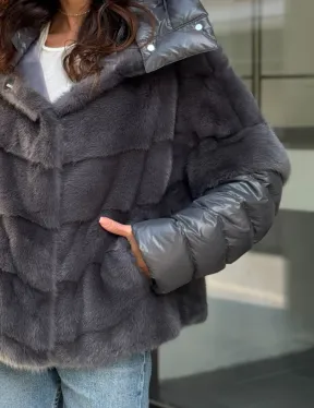 Норковый пуховик/жилет 2в1 - светлый графит - фото 3