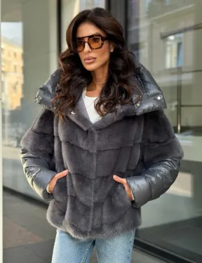 Норковый пуховик/жилет 2в1 - светлый графит - фото 0