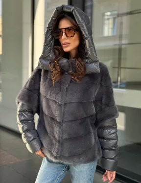 Норковый пуховик/жилет 2в1 - светлый графит - фото 4