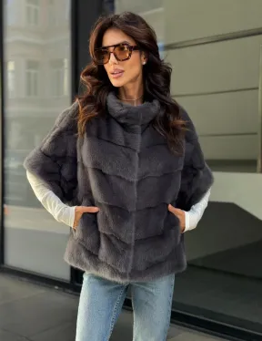 Норковый пуховик/жилет 2в1 - светлый графит - фото 5