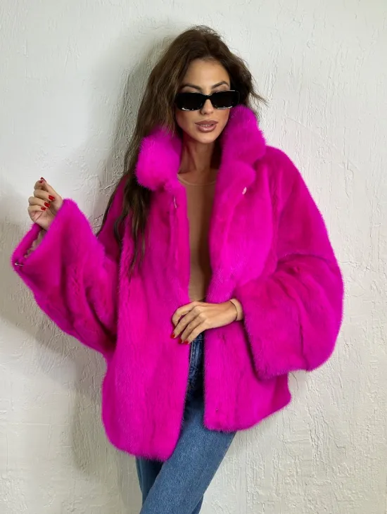 Короткая автоледи мех NAFA английский воротник - фуксия - фото 2