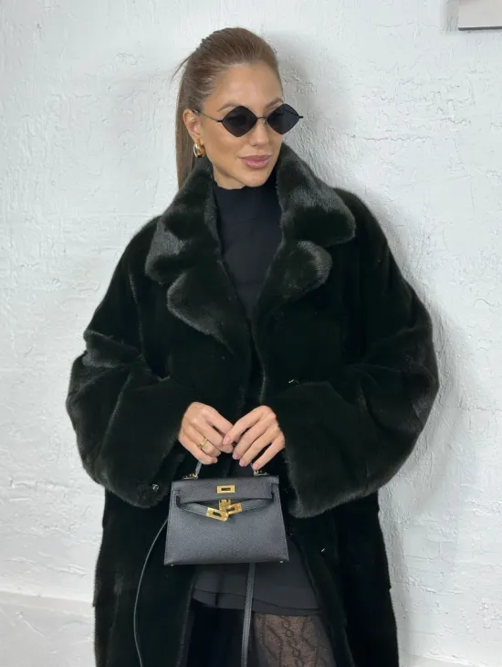 Кимоно норка мех NAFA английский воротник - темный изумруд - фото 0