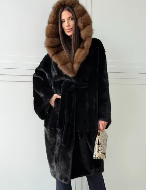 Норковая шуба фасон баллон с капюшоном куница - фото 10