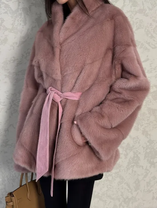 Кимоно норковое воротник отворот - цвет розовый жемчуг - фото 1