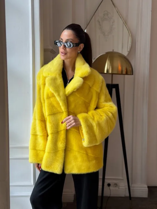 Норковый полушубок английский воротник, паркет - цвет лимонный - фото 7