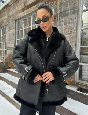 Черная дубленка авитор на овчине - фото 1