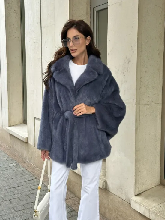 Шуба норковая летучая мышь - цвет джинс - фото 6