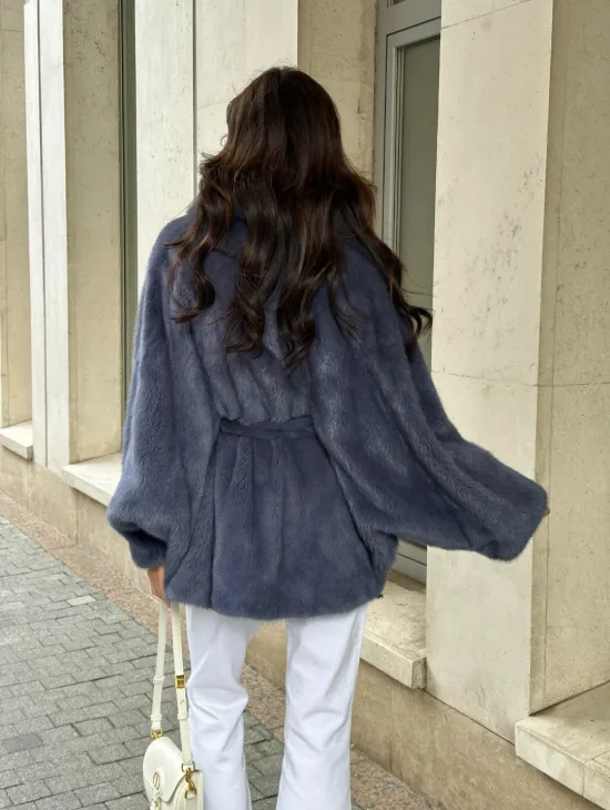 Шуба норковая летучая мышь - цвет джинс - фото 5